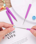 Hands using purple diamond-tipped bead reamer set of four for jewelry making hole enlarger tools with durable plastic handles