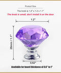 Purple Diamond Crystal Cabinet Knobs 1.2 Inch with Chrome Alloy Bases, size details, 6 Pack Glass Drawer Pulls for Dresser Vanity and Bathroom