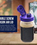 Purple wide mouth plastic jar lid with flip cap and straw on a Mason jar, background reading Double Screw Mason Jar Lid by Brewing America.