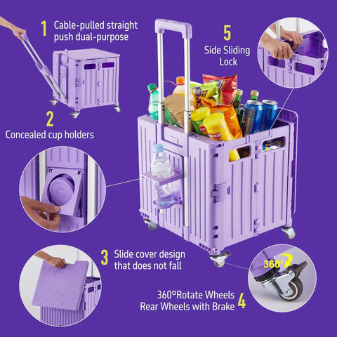Foldable Utility Cart With Lid Four Wheel 360 Rotating Design Grab And Go Portable Hand Truck For Grocery Shopping Office Storage Collapsible Trolley On Wheels Brake For Safety Purple, shown with groceries.