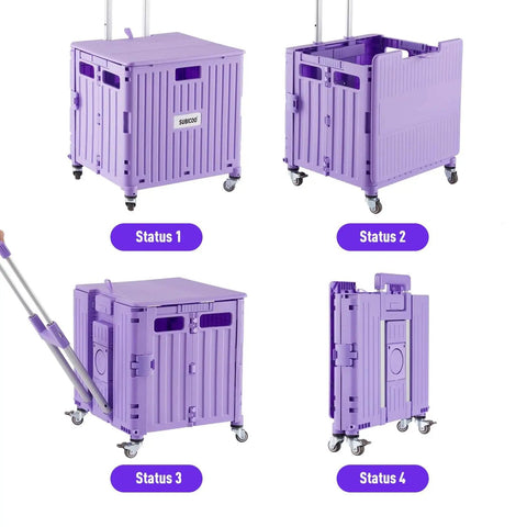 Foldable Utility Cart With Lid Four Wheel 360 Rotating Design Grab And Go Portable Hand Truck For Grocery Shopping Office Storage Collapsible Trolley On Wheels Brake For Safety Purple