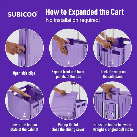 Instruction guide for setting up the Foldable Utility Cart With Lid Four Wheel 360 Rotating Design Grab And Go Portable Hand Truck For Grocery Shopping Office Storage Collapsible Trolley On Wheels Brake For Safety Purple.