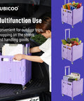 Purple Foldable Utility Cart With Lid Four Wheel 360 Rotating Design Grab And Go Portable Hand Truck For Grocery Shopping Office Storage Collapsible Trolley On Wheels Brake For Safety being loaded into a car