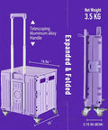Foldable Utility Cart With Lid Four Wheel 360 Rotating Design Grab And Go Portable Hand Truck For Grocery Shopping Office Storage Collapsible Trolley On Wheels Brake For Safety Purple shown expanded and folded with dimensions