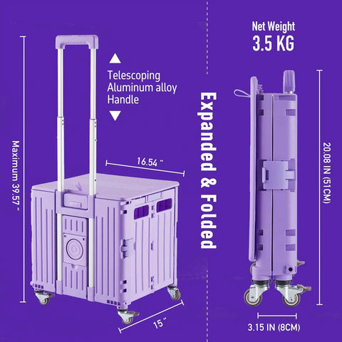 Foldable Utility Cart With Lid Four Wheel 360 Rotating Design Grab And Go Portable Hand Truck For Grocery Shopping Office Storage Collapsible Trolley On Wheels Brake For Safety Purple shown expanded and folded with dimensions