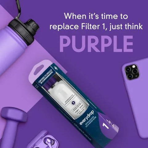 Water Filter 1 EDR1RXD1 For Refrigerator, Compatible With Whirlpool Maytag Amana KitchenAid Jenn Air, purple packaging display