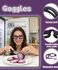 Woman chopping onions wearing Anti Fog Onion Goggles With Ultra Light Frame For Tear Free Cooking Purple in the kitchen