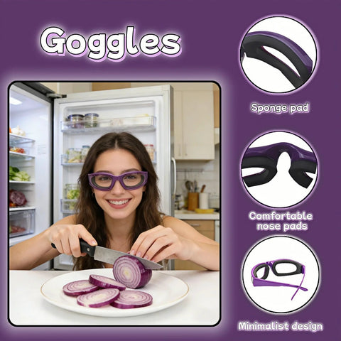 Woman chopping onions wearing Anti Fog Onion Goggles With Ultra Light Frame For Tear Free Cooking Purple in the kitchen