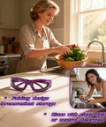 Woman in kitchen with Anti Fog Onion Goggles With Ultra Light Frame For Tear Free Cooking Purple on counter