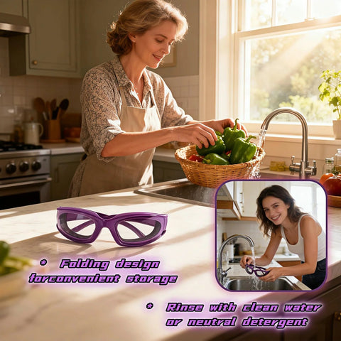 Woman in kitchen with Anti Fog Onion Goggles With Ultra Light Frame For Tear Free Cooking Purple on counter