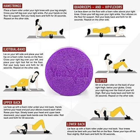 Illustration of purple Medium Firm Round PE Foam Roller For Pilates Yoga Stretching Balance And Core Exercises with exercise guide.