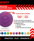 Product image of Practice Lacrosse Balls - 1, 2, 3, 6, 12, 18, 24, 36, 60 and 120 Packs - Official Size and Weight - Purple ball with size details.