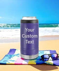 Purple Personalized Slim Stainless Steel Can Coozie Holder For 12 Oz Slim Cans Vacuum Insulated Cooler on a beach towel