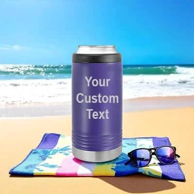 Purple Personalized Slim Stainless Steel Can Coozie Holder For 12 Oz Slim Cans Vacuum Insulated Cooler on a beach towel