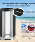 Slim stainless steel beverage holder with removable lock ring, double-walled vacuum insulated design, in a beach setting on a sunny day.