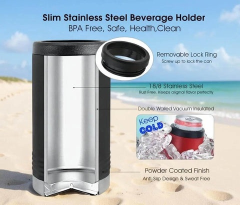 Slim stainless steel beverage holder with removable lock ring, double-walled vacuum insulated design, in a beach setting on a sunny day.