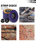 4 1/2 Inch Stripping Discs Seven Eighths Inch Arbor For Angle Grinder Purple Rust Remover Wheel 5 Pack with wood and rust examples