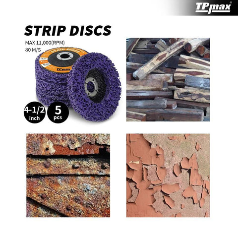 4 1/2 Inch Stripping Discs Seven Eighths Inch Arbor For Angle Grinder Purple Rust Remover Wheel 5 Pack with wood and rust examples