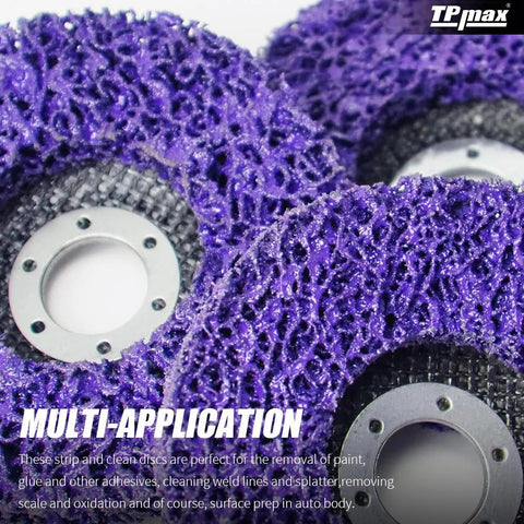 Close-up of purple 4 1/2 Inch Stripping Discs Seven Eighths Inch Arbor For Angle Grinder showing abrasive texture and multi-application use.