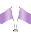 Two purple desk flags on silver stand with ball finials