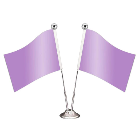 Two purple desk flags on silver stand with ball finials