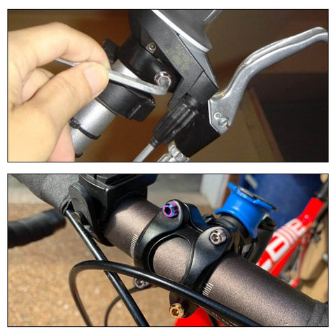 Close-up of ✝️ SPEEDWOX 6pcs Bicycle Stem Screw with Washers Set Titanium Alloy Bike Allen Hex Tapered Bolts on a bike handlebar