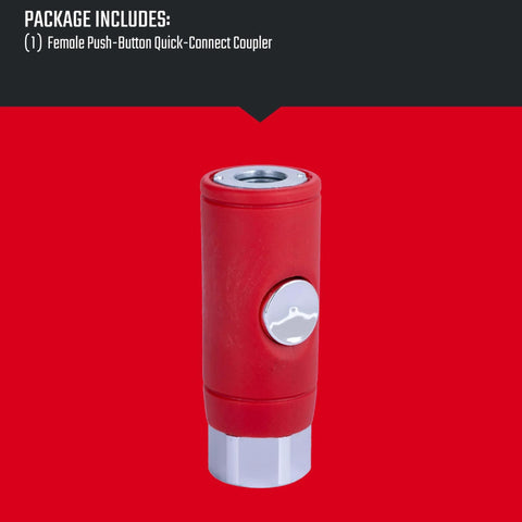 Push Button Air Coupler Female 1/4 Inch NPT Quick Disconnect for Industrial and Automotive Air Lines, red casing, front view