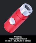 Push Button Air Coupler Female 1/4 Inch NPT Quick Disconnect for Industrial and Automotive Air Lines with red body and metal fitting.