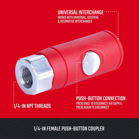Push Button Air Coupler Female 1/4 Inch NPT Quick Disconnect For Industrial And Automotive Air Lines, side view
