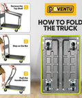 Instructional image showing how to fold the Heavy Duty Push Cart Dolly With 700 Pound Capacity Foldable Steel Two Tier Platform Hand Truck.