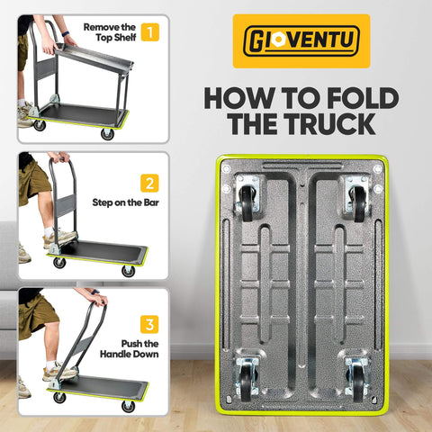 Instructional image showing how to fold the Heavy Duty Push Cart Dolly With 700 Pound Capacity Foldable Steel Two Tier Platform Hand Truck.