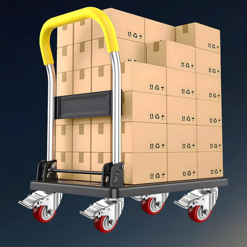 Cart with stacked boxes using Three Inch Heavy Duty Stem Casters 360 Degree Swivel Durable PVC Wheels With Three Eighths Inch By Sixteen Threads Per Inch One Inch Length Dual Safety Locks And Bearings Easy To Install For Furniture And DIY Tools.