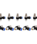Push To Connect Air Flow Control Valve Pack Of Ten One Quarter Inch Tube Outer Diameter To One Eighth Inch NPT 90 Degree Elbow Speed Control Valve For Air Vacuum And Water Systems Durable Plastic And Nickel Plated Copper showing front view