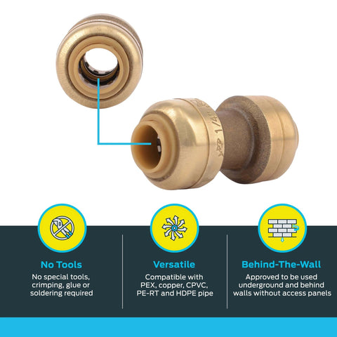 Close-up of 1/4-Inch Push-To-Connect Brass Coupling for PEX, copper, CPVC, PE-RT, and HDPE with highlighted features for easy install.