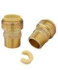 Two Pack Three Quarter Inch Push To Connect Male Adapters For Copper PEX CPVC And PE-RT Pipes With Disconnect Clip Lead Free Brass