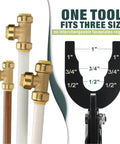 All In One Push To Connect Clamp Tool For Brass Push Fittings Removal displayed with 1/2, 3/4, 1 inch fitting sizes