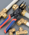 All In One Push To Connect Clamp Tool For Brass Push Fittings Removal displayed with fittings and pipes