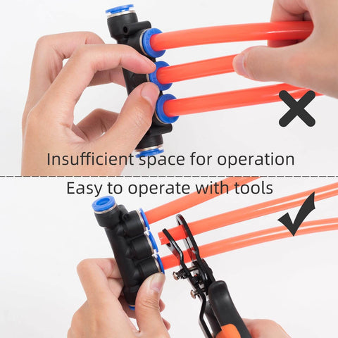 Push To Connect Fittings Disconnect Tool For 3/8 And 1/2 Inch Pneumatic Air Hose Quick Connects in use with orange hoses