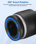 Close-up of 12 Pack Push To Connect Fittings Three Eighths Inch OD To One Quarter Inch NPT Quick Connect Air Line Fittings swivel joint.