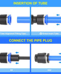 1/2 Inch OD Push To Connect Pneumatic Fittings Kit 30 Piece Set showing insertion of tube and pipe plug connection steps