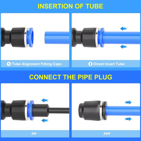 1/2 Inch OD Push To Connect Pneumatic Fittings Kit 30 Piece Set showing insertion of tube and pipe plug connection steps