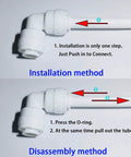 Push To Connect Quick Connector Male Adapter Elbow And Straight Fittings Three Eighths Inch NPT Thread To One Quarter Inch Tube Outer Diameter For Water Filter Purification Systems Pack Of 10 installation and disassembly guide.
