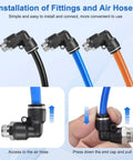 Installation guide for 12 Pack Push To Connect Fittings Three Eighths Inch OD To One Quarter Inch NPT Quick Connect Air Line Fittings Pneumatic Male Straight And Elbow Made From Plastic And Copper Ideal For Auto Repair Workshops Industrial Air Systems showing air hose connection.