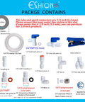 One Quarter Inch Push To Connect Fittings For RO Water Filter And Fridge Installation Kits NSF Certified Food Grade POM BPA Free Includes 20 Pcs And 30 Feet Of One Quarter Inch Water Tubing Easy DIY Setup packaging contents showing connectors, tubing, and tools.