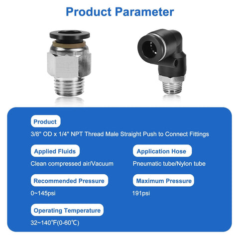 12 Pack Push To Connect Fittings Three Eighths Inch OD To One Quarter Inch NPT Quick Connect Air Line Fittings Pneumatic Male Straight And Elbow Made From Plastic And Copper Ideal For Auto Repair Workshops Industrial Air Systems
