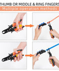 Push To Connect Fittings Disconnect Tool For 3/8 And 1/2 Inch Pneumatic Air Hose Quick Connects shown in use with different hand grips.