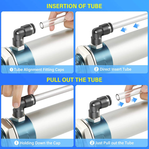Elbow and Straight Push To Connect Fittings One Quarter Inch Tube OD X One Quarter Inch NPT Thread Copper And Plastic Pack Of Twelve PC being connected