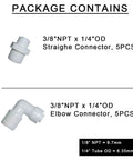 Push To Connect Quick Connector Male Adapter Elbow And Straight Fittings Three Eighths Inch NPT Thread To One Quarter Inch Tube Outer Diameter For Water Filter Purification Systems Pack Of 10, showing straight and elbow connectors, 5 pcs each, NPT 9.7mm, Tube OD 6.35mm.