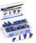 One Quarter Inch OD Push To Connect Pneumatic Fittings Kit With Forty Pieces Including Splitters Elbows Tees And Straights For Air Tubing Compatible With PU Nylon And Soft PE Tubes 0 To 145 PSI 0 To 60 C Easy Install High Pressure Resistance kit open showing fittings