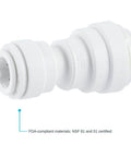 Close-up of Reducing Union Plastic Plumbing Fitting 3/8 Inch OD To 1/4 Inch OD Push To Connect No Tools Required Leak Free Quick Connect